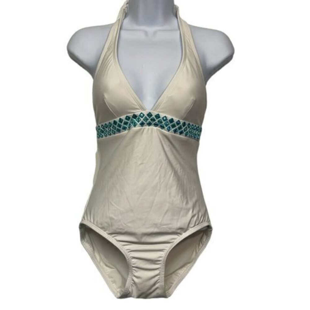 Michael Michael Kors White V-Neck Halter Swimsuit Size 4 EUC #7592